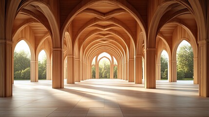 Fototapeta premium Natural light enhances the wooden mosque interior
