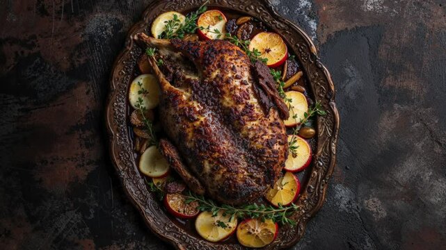 Rustic Roast Duck with Apples and Herbs on Vintage Platter