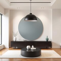 Modern living room with a large round mirror, black pendant light, and a white rug.