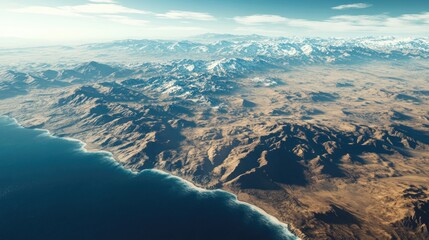 Aerial view of a stunning landscape. Mountains meet the ocean in a breathtaking display of nature's artistry. The contrast of the deep blue sea against the earthy tones.