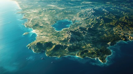 Obraz premium A stunning aerial view of a serene coastal landscape. Lush green mountains meet the crystal-clear turquoise waters, creating a breathtaking panorama.