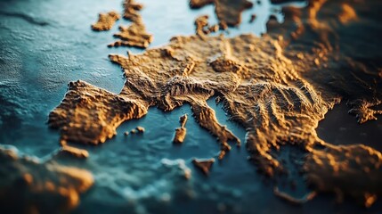 A stunning, textured close-up of a topographic map highlighting Europe's diverse terrain. The golden hues of the land contrast beautifully with the deep blue of the surrounding waters.