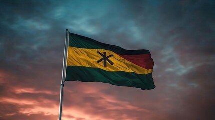 A vibrant flag, with its rich green, yellow, and red hues, billows majestically against a dramatic sunset sky. The symbol at its center adds a touch of mystery and intrigue.