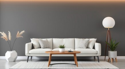 Modern living room with a white sofa, wooden coffee table, and floor lamp against a gray wall.