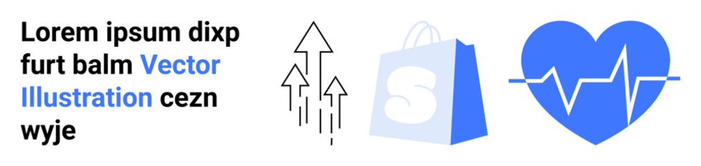 Features a shopping bag, upward arrows, and a heart with an EKG line. Ideal for e-commerce, healthcare, growth, fitness, and business. Landing page