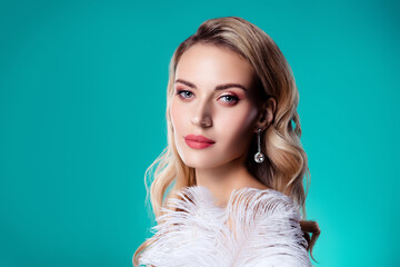 Photo of lady wear white fluffy dress look isolated cyan color background