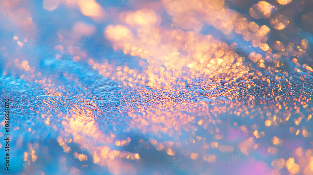 Poster reflections of light and color on a wet surface during twilight