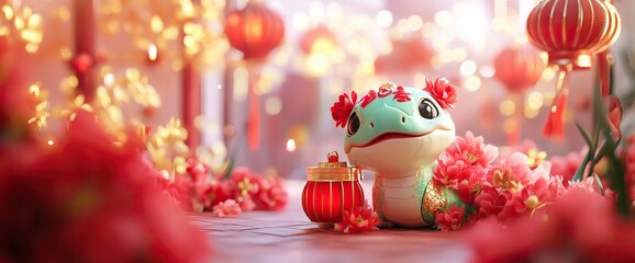 Chinese New Year with festive snakes, glowing lanterns, and blossoms. AI generated image