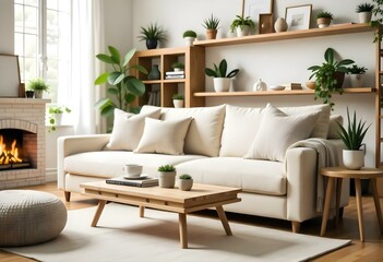 A cozy living room with a beige sofa, wooden coffee table, and shelves displaying plants and decor items in daylight featuring a warm rug and a fireplace