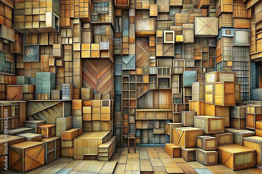 Poster intricate abstract arrangement layered wooden boxes patterns design