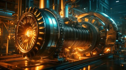 Close-up of a powerful industrial gas turbine engine in a factory setting, illuminated with warm and cool lighting.