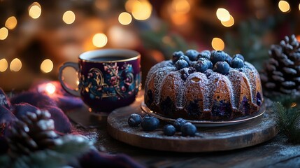 Festive Blueberry Cake and Coffee on Wooden Table