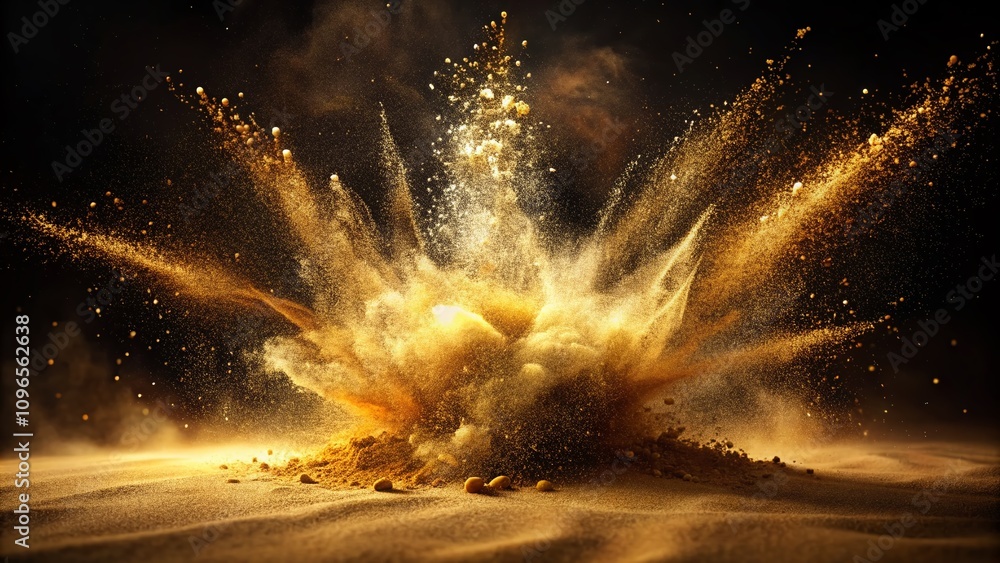 Poster captivating golden brown dust explosion with sand blast effect creating a stunning abstract artistic