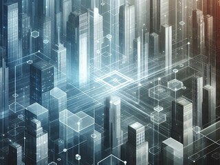 Obraz premium Futuristic cityscape with transparent skyscrapers and geometric hexagonal overlay in a digital style