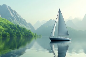 Naklejka premium Serene Mountain Lake with Sailing Boat