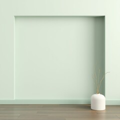 Minimalist interior design with a single white vase and dried branches on a light green wall with wooden floor.