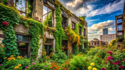 Fototapeta premium Captivating Image of a Decaying Urban Structure Embraced by Lush Natural Growth in an Overgrown Cityscape Capturing the Beauty of Nature's Reclamation of Urban Spaces