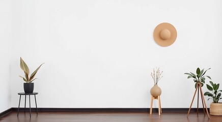 Minimalist interior with a plant, vase, hat, and wooden stand.