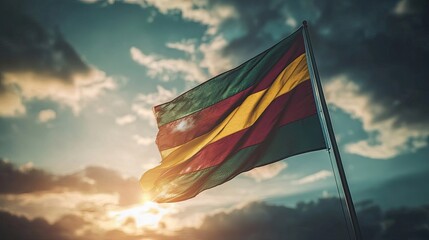 A Bolivian flag billows in the wind against a dramatic sunset sky. The vibrant colors of the flag stand out against the warm hues of the evening light.