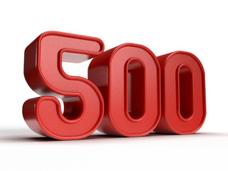 Isolated Number 500 in red color on white background, 3D Render Illustration.