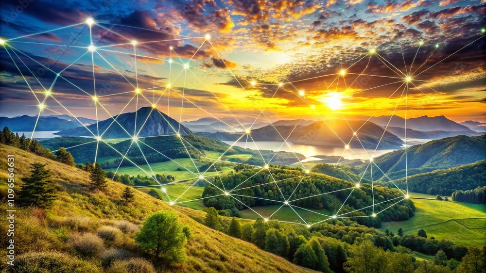 Poster captivating landscape photography featuring geometric patterns with connected lines and dots in a se