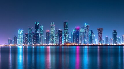 Naklejka premium Nighttime City Skyline with Bright Lights Reflecting on Water