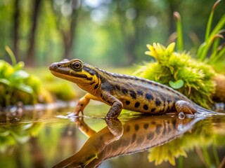 Fototapeta premium Captivating Landscape Photography of a Smooth Newt Lissotriton vulgaris Resting on the Muddy Bottom of a Stream, Showcasing the Beauty of Amphibians in Their Natural Habitat