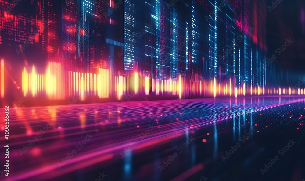Poster abstract digital visualization with vibrant colors and data patterns.