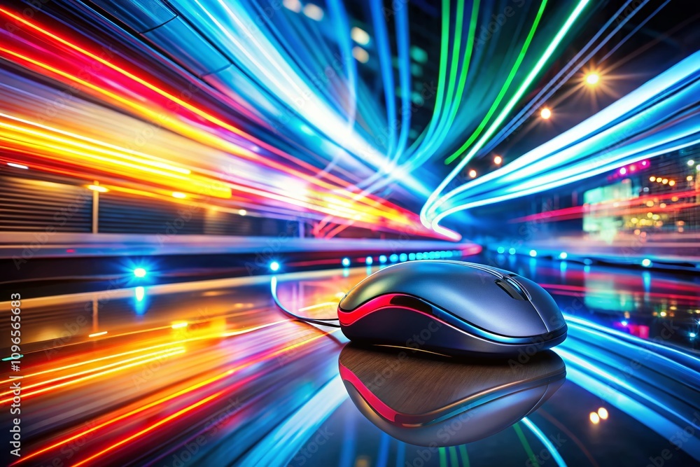 Poster Captivating Long Exposure of a Computer Mouse in Action with Colorful Light Trails and a Modern Tech Background for Dynamic Digital Workspace Imagery