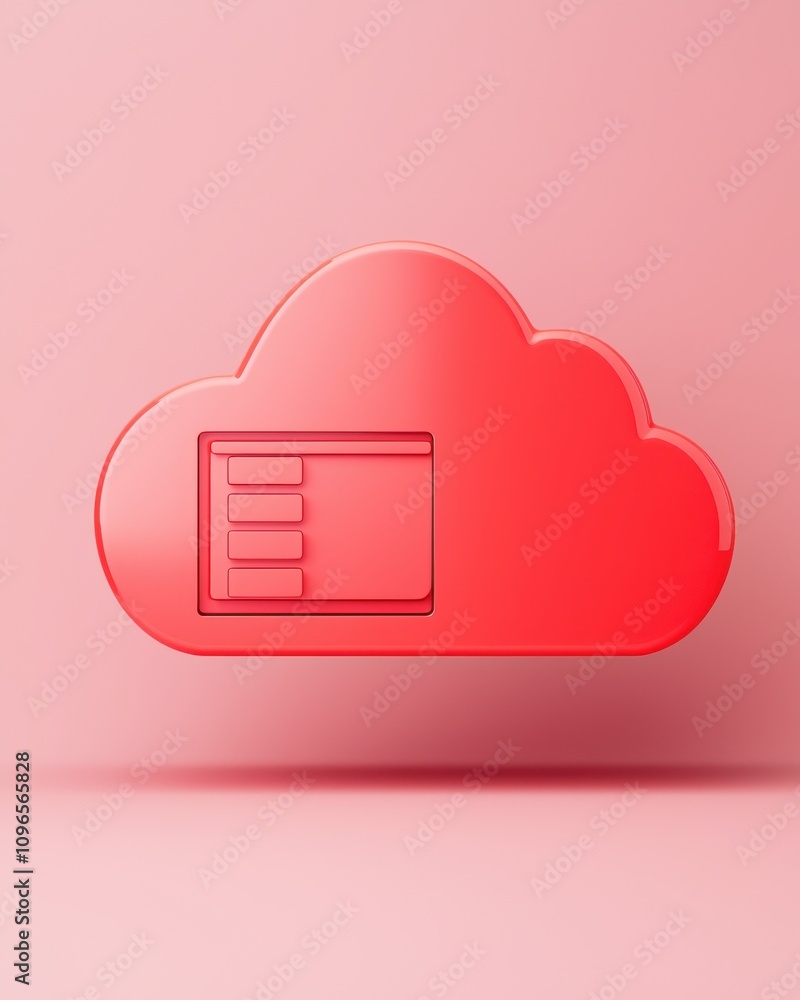 Poster a stylized, red cloud icon featuring a server or storage graphic, set against a soft pink background
