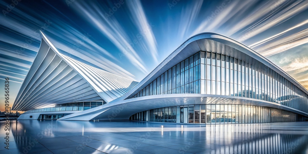 Poster captivating long exposure of a modern white architectural structure with metallic lines creating an 