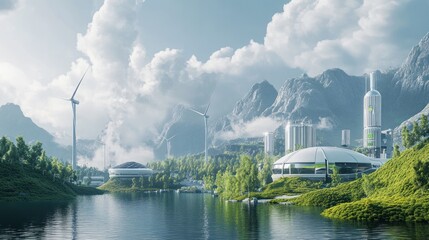 Futuristic eco-friendly city nestled in mountains by a lake, powered by wind turbines.