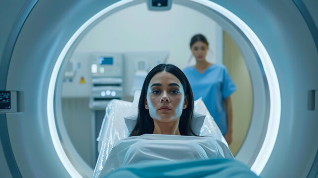 A professional radiologist controls the magnetic resonance imaging or computed tomography scan while a female patient undergoes the procedure in a medical laboratory.