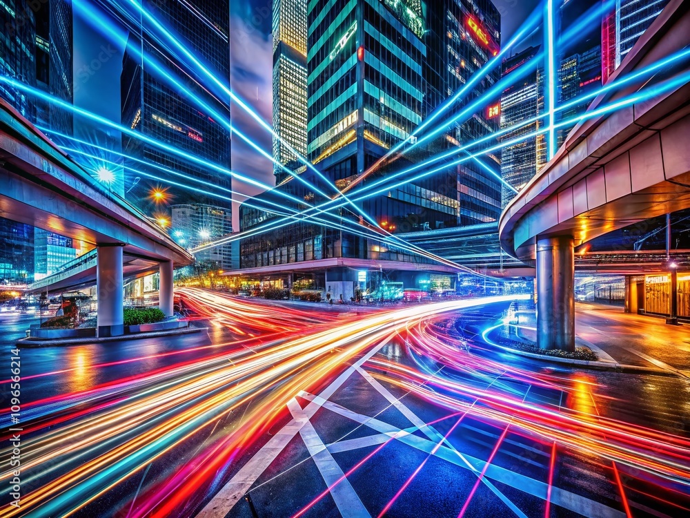 Poster captivating long exposure of geometric patterns in dynamic urban environments, showcasing light trai