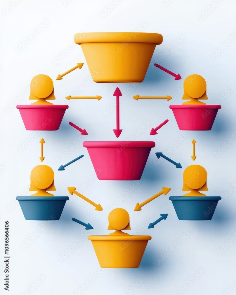 Poster colorful graphic depicting interconnected pots and figures, illustrating a network concept with arro