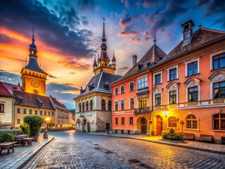 Fototapeta premium Captivating Long Exposure of the Old Town Hall in Sighisoara, Romania, Showcasing Its Architectural Beauty and Historical Significance at Dusk with Vibrant Sky and Soft Illuminations