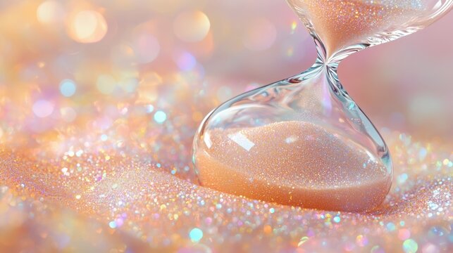 Sanduhr mit schimmerndem Sand auf glitzerndem Untergrund