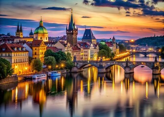 Naklejka premium Captivating Long Exposure View of Old Town Prague at Dusk with Reflections on the Vltava River, Showcasing Iconic Architecture and Enchanting Atmosphere of the Czech Republic
