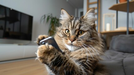 A fluffy tabby cat interacting with a smartphone The funny and relatable concept highlights how humans and even pets are engrossed in technology today