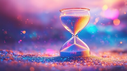 Funkelnde Sanduhr auf glitzernder Oberfläche in Neonfarben