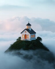A serene church perched atop a green hill, surrounded by soft clouds at dawn, evoking a sense of peace and tranquility.