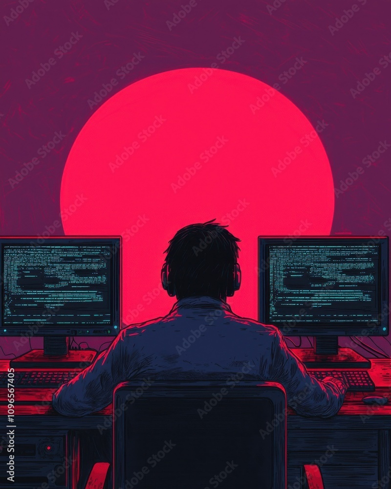 Poster a person sits in front of dual monitors displaying code, with a large, vibrant pink sun setting in t