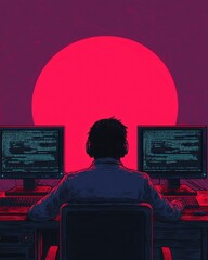 A person sits in front of dual monitors displaying code, with a large, vibrant pink sun setting in the background, creating a dramatic silhouette.