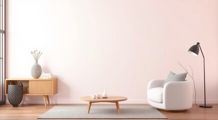 Minimalist Living Room with White Armchair and Pink Wall.