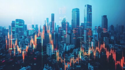 Obraz premium Futuristic cityscape at night with superimposed stock market data.
