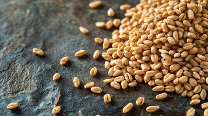 Fototapeta premium Organic Wheat Grains Scattered on Rustic Surface in Natural Light