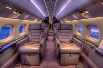 Luxurious cabin interior with plush leather seats in an airplane. Concept of comfort and exclusivity in air travel. For travel promotions.