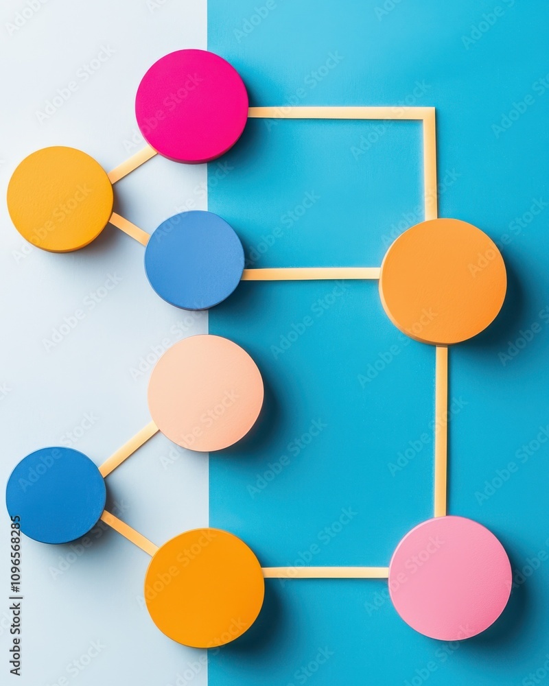 Poster a vibrant geometric design featuring colorful circles connected by lines on a split-color background