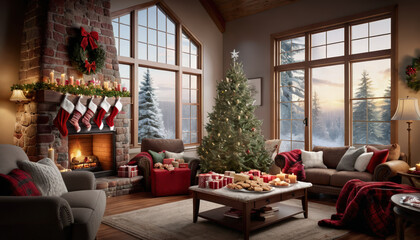 Warm christmas living room with lit fireplace and decorated tree