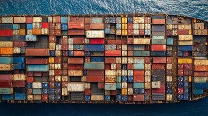 Obraz premium A large ship with many different colored containers on it. The ship is in the ocean and the containers are stacked on top of each other